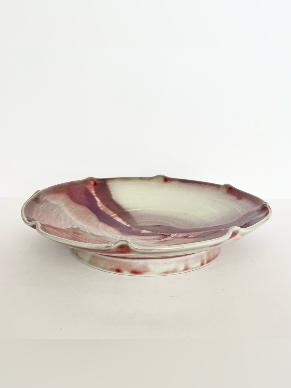 Handcrafted Porcelain Footed Plate Dish Ruffled Edge Burgundy Abstract Dramatic